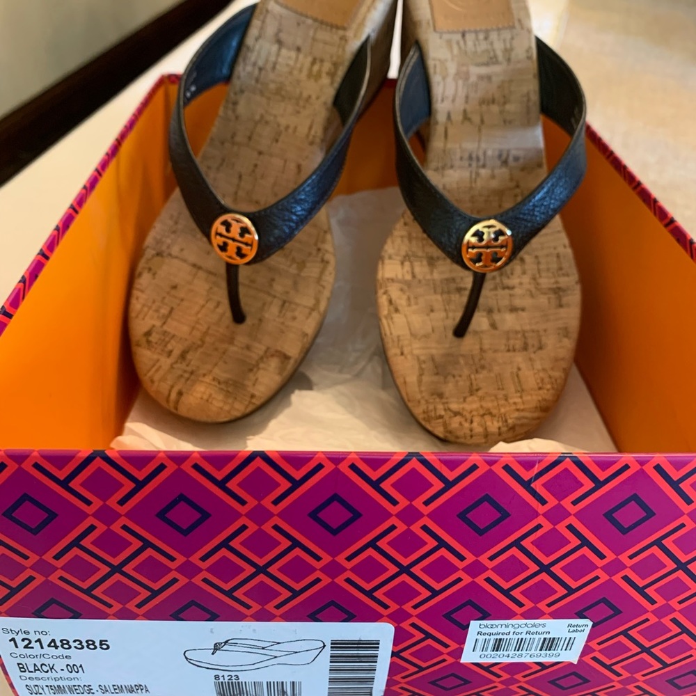 Tory Burch black leather wedge sandal